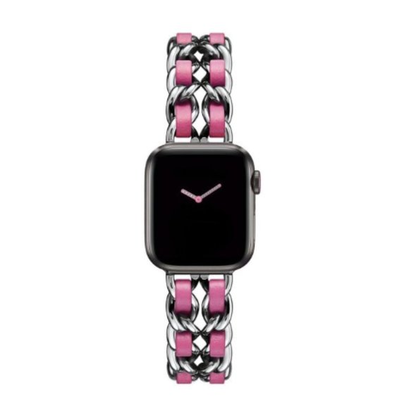 NEW Strap Silver PINK Chain Leather Stainless Band For Apple Watch - Picture 1 of 2